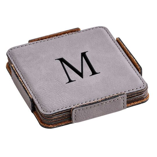 Set of 4 Grey Leatherette Square Coasters